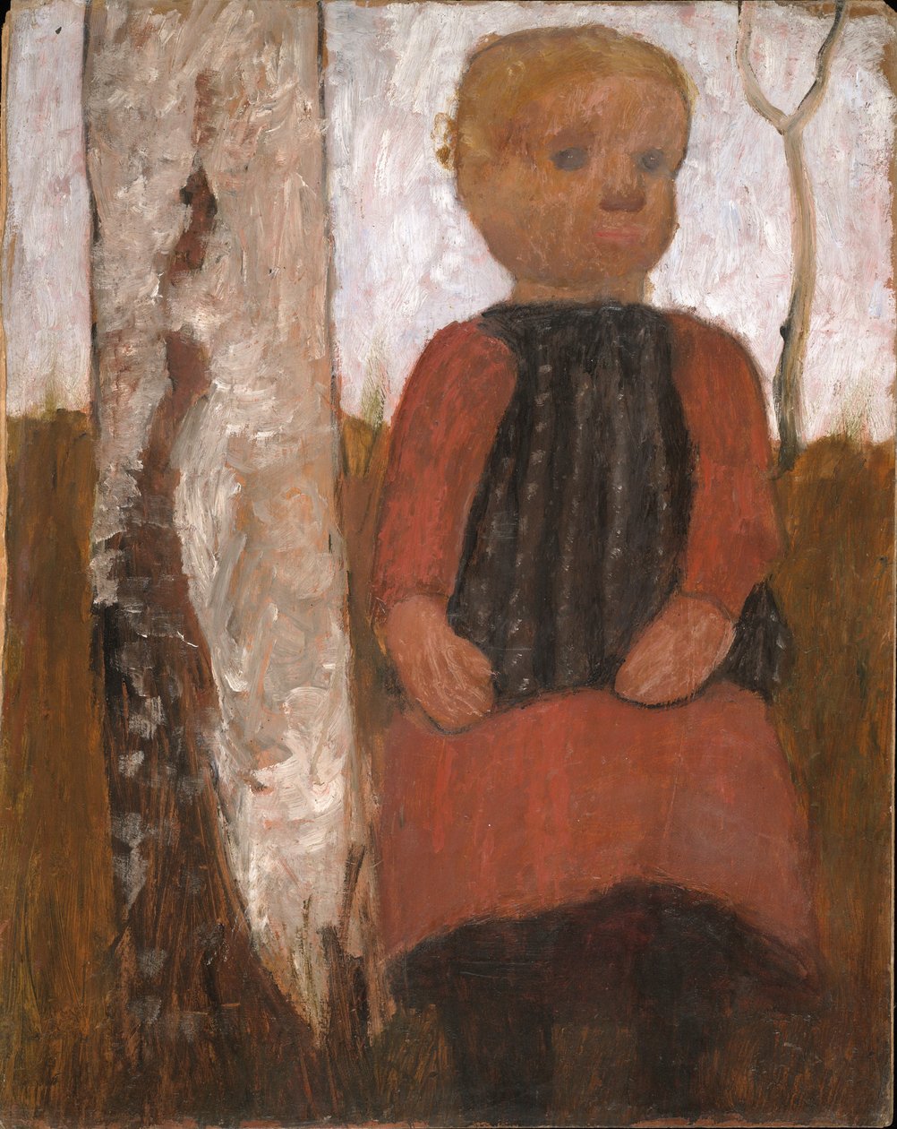 Gyermek piros ruhában a nyírfa törzsön alkotó: Paula Modersohn-Becker
