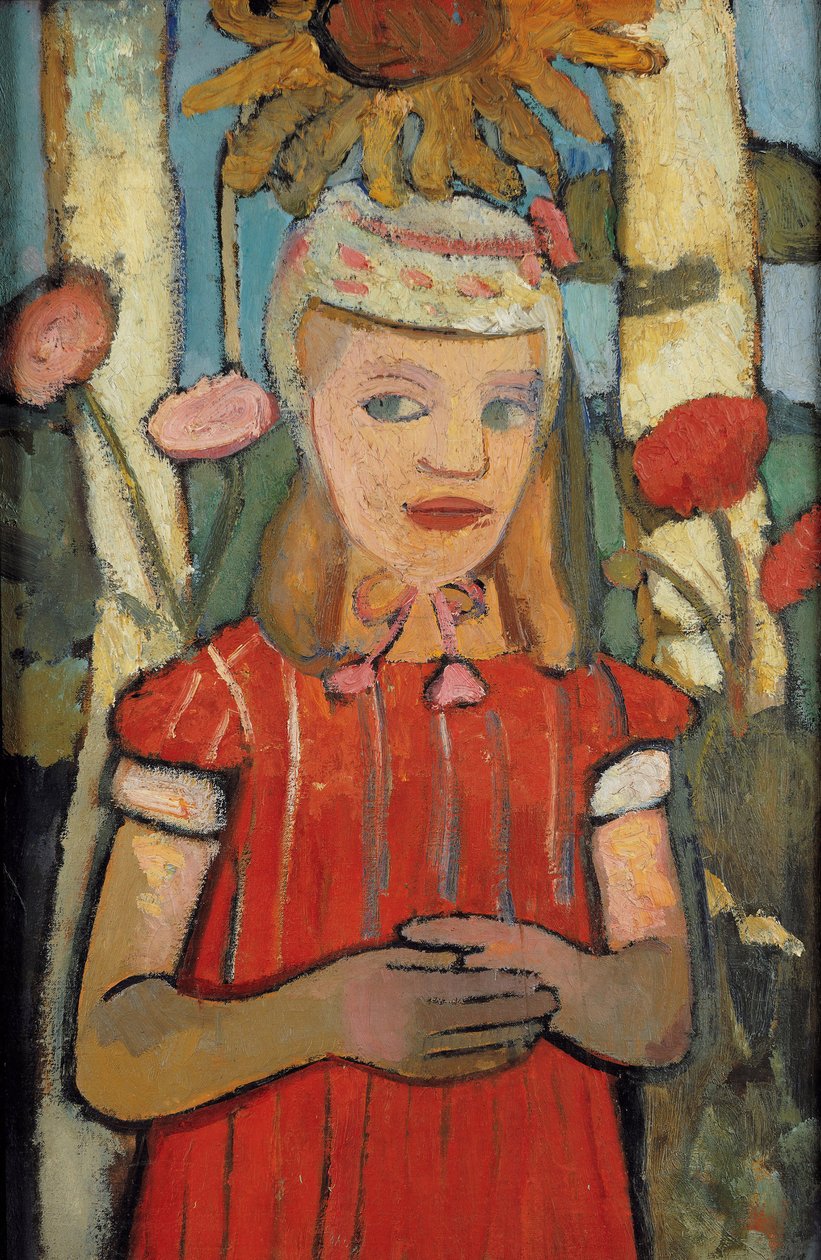 Piros ruhás lány napraforgó előtt, 1907. alkotó: Paula Modersohn Becker