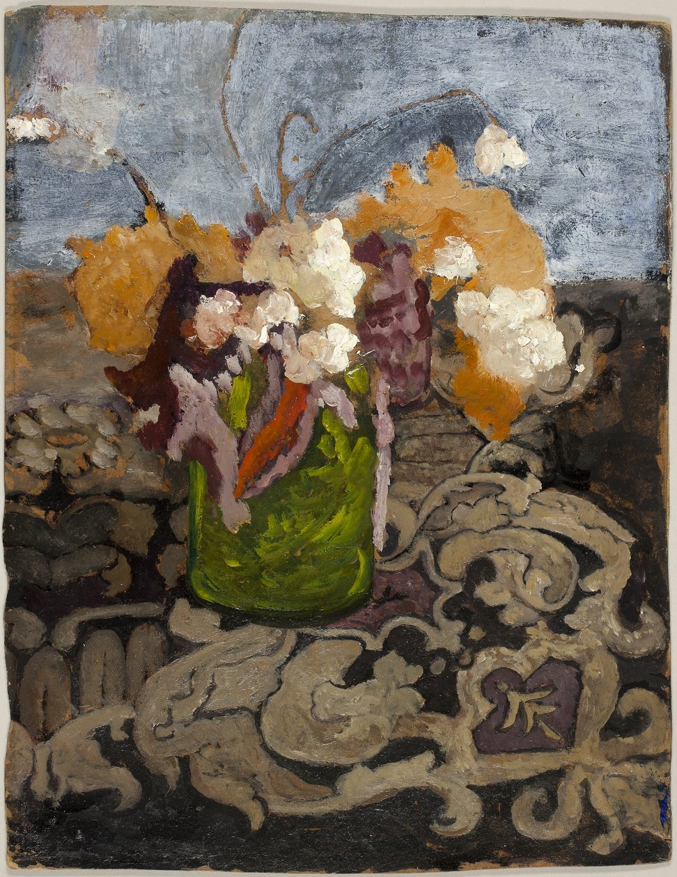 Csendélet zöld vázával, 1902 körül (olaj, barna cellulózkarton, lakkozva) alkotó: Paula Modersohn Becker