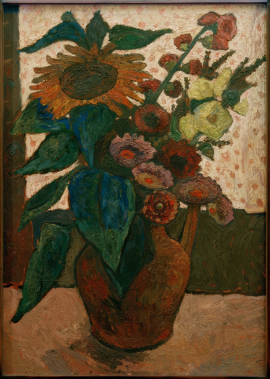 Csendélet napraforgóval, hollyhocks-szal és grúzokkal alkotó: Paula Modersohn Becker