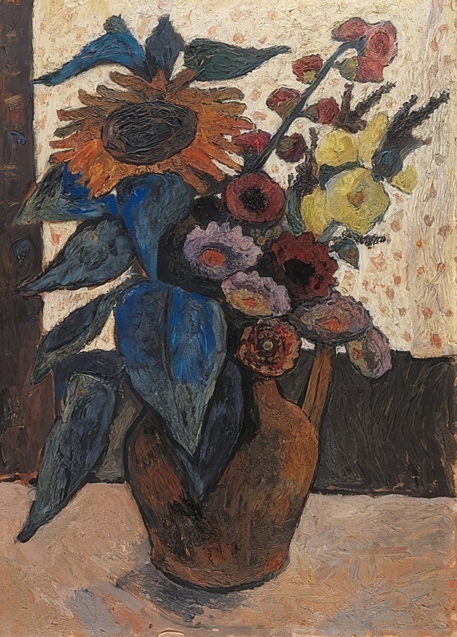 Csendélet napraforgókkal, hollyhock-okkal és grúzokkal. 1907 alkotó: Paula Modersohn Becker