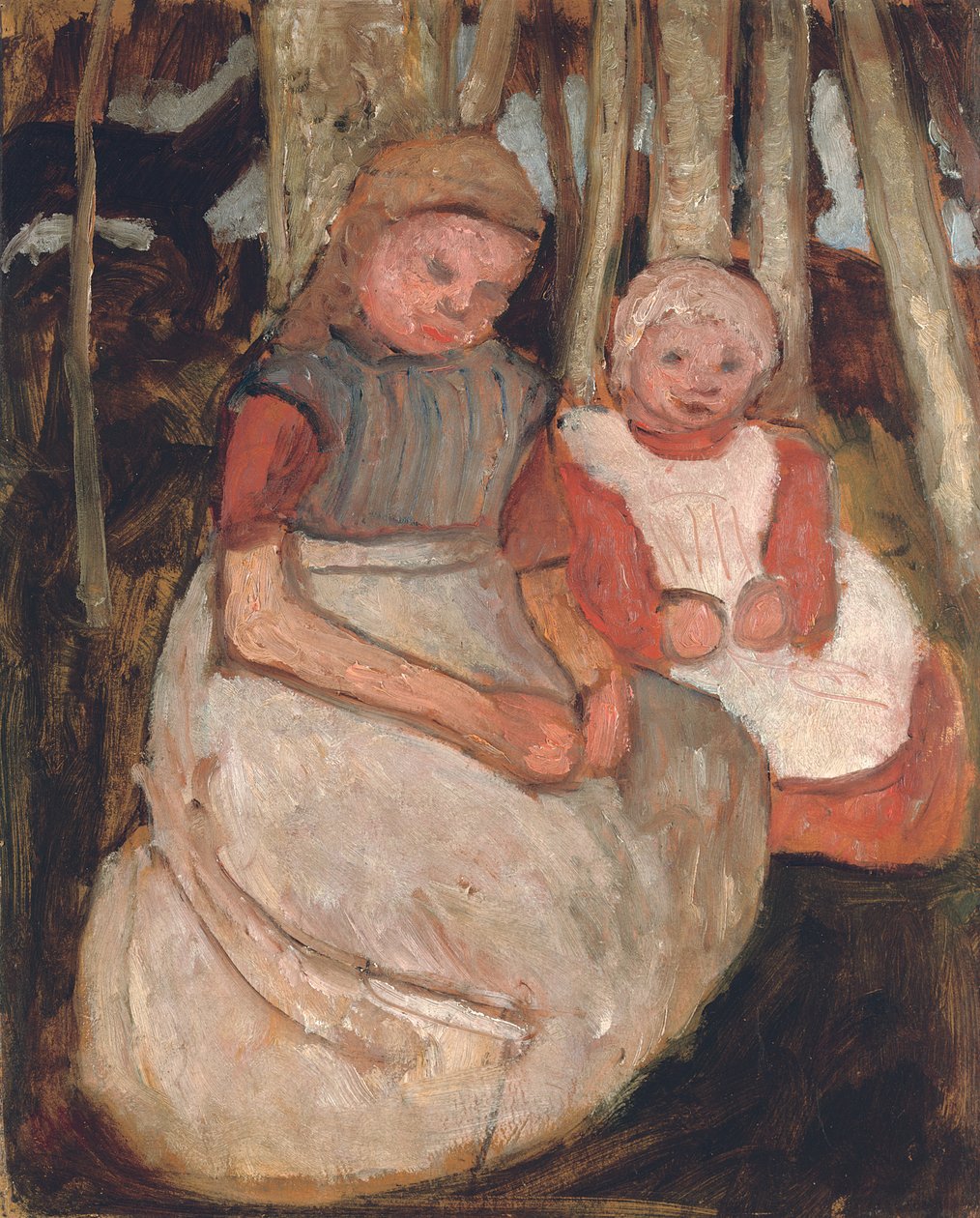 Két ülő lány nyírfatörzsek előtt; Két ülő lány nyírfatörzsek előtt, 1904 alkotó: Paula Modersohn Becker