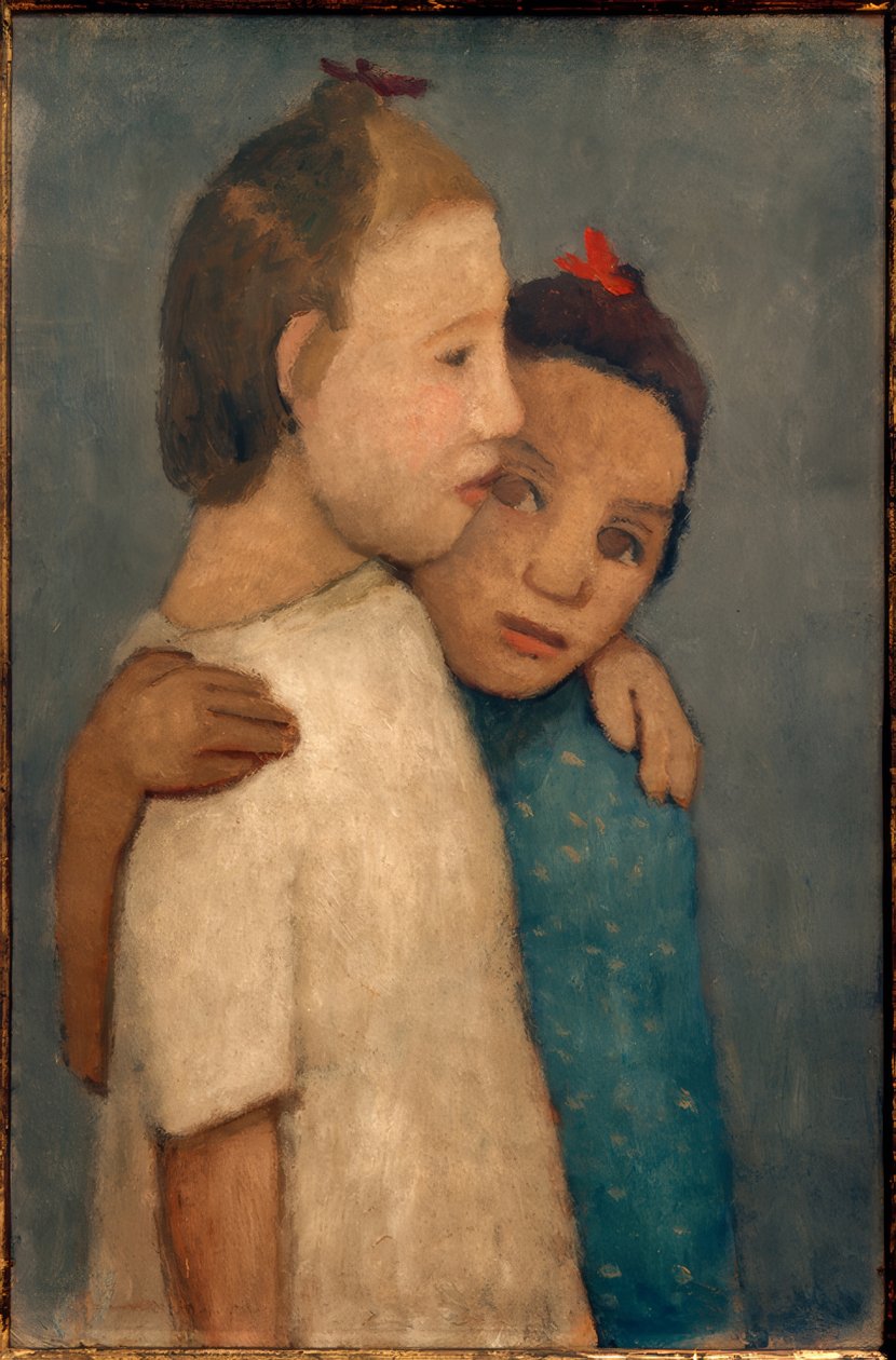 Két fehér és kék ruhás lány fogja a vállát alkotó: Paula Modersohn Becker