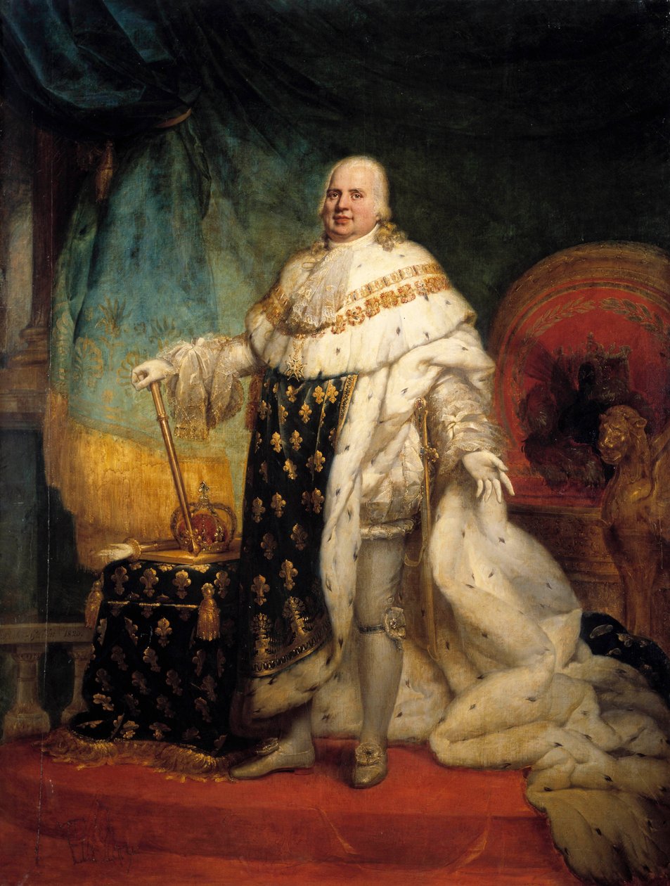 XVIII. Lajos (1755-1824) egészalakos portréja a corre jelmezében Jean Baptiste Paulin-Guerin (Paulin Guerin) (1783-1855) festménye 1824 V. 2,69 x 2,04 m - XVIII. Lajos (1755-1824) egészalakos portréja koronázási köntösben. Paulin Guerin festménye (17 alkotó: Paulin Jean Baptiste Guerin