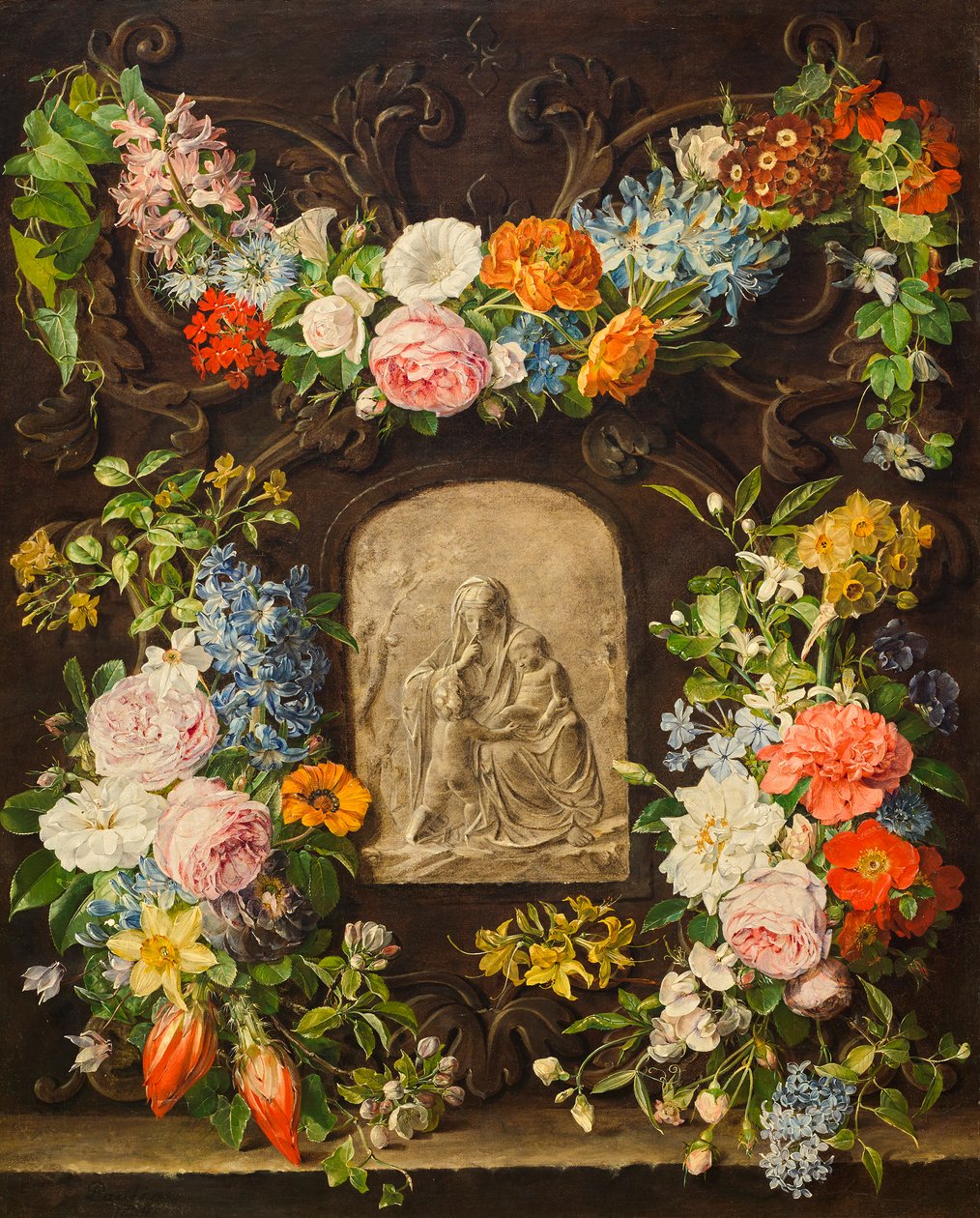 Virágkoszorú Madonna domborművel alkotó: Pauline von Koudelka Schmerling