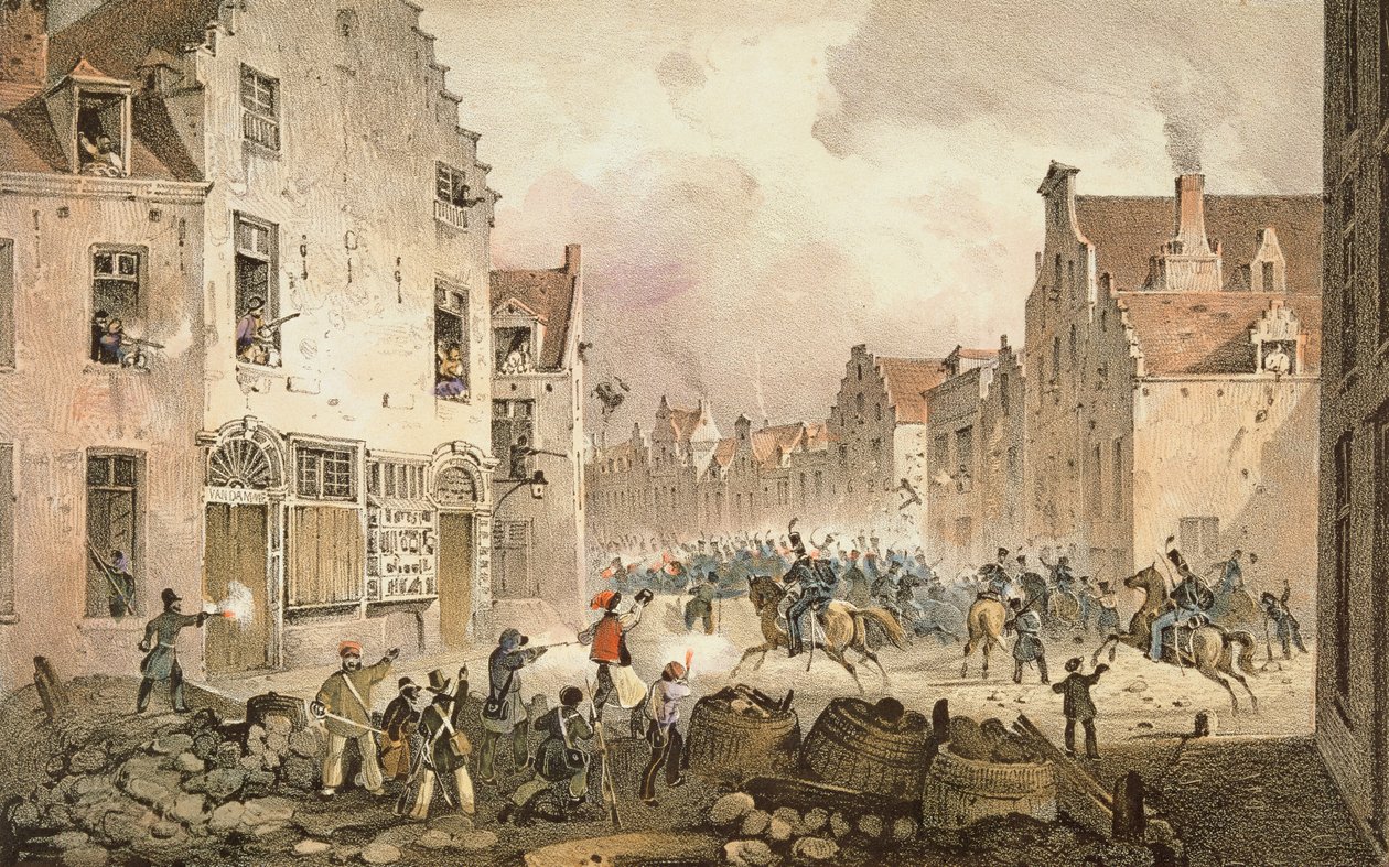 Harcok és barikádok a Rue de Flandre-n, Brüsszel, 1830. szeptember 23., vésette Dewasme-Pletinckx alkotó: Paulus Lauters