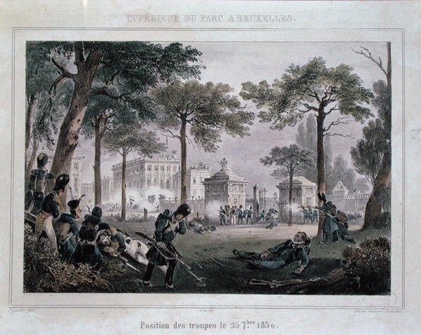 Csapatok a Parc Royalban, Brüsszel, 1830. szeptember 25., vésette Dewasme-Pletinckx (színes litó) alkotó: Paulus (after) Lauters