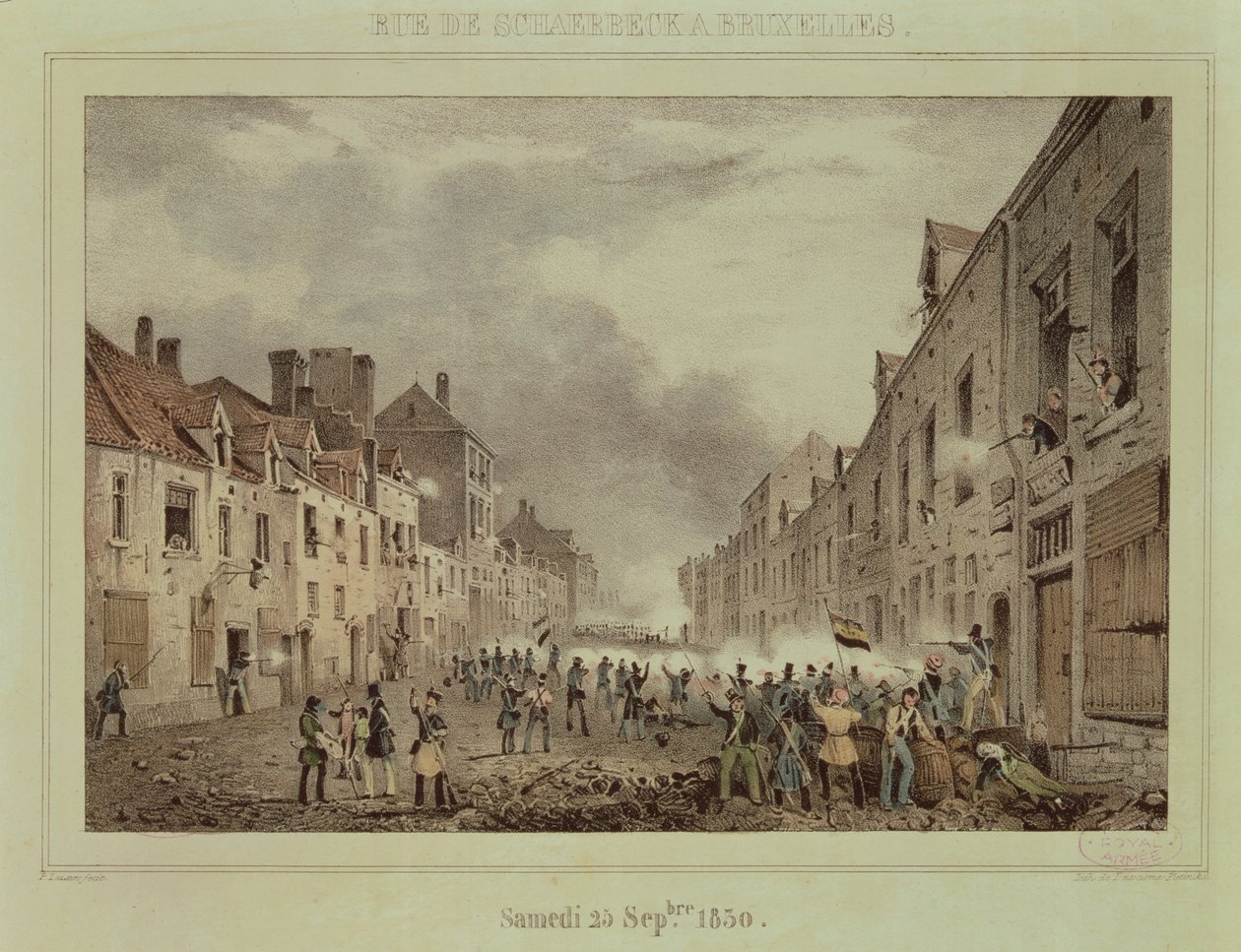 Harc a Rue Schaerbeeken, Brüsszel, 1830. szeptember 25., vasárnap, vésette Dewas Me-Pletinckx alkotó: Paulus Lauters