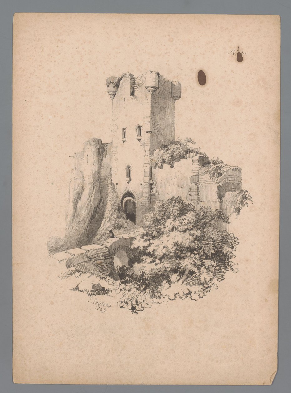Kilátás egy romos toronyra kapuval Paulus Lauters tájtanulmányai (sorozat címe) Nouvelle suite de 40 etudes de paysages P. Lauters (sorozat címe) alkotó: Paulus Lauters
