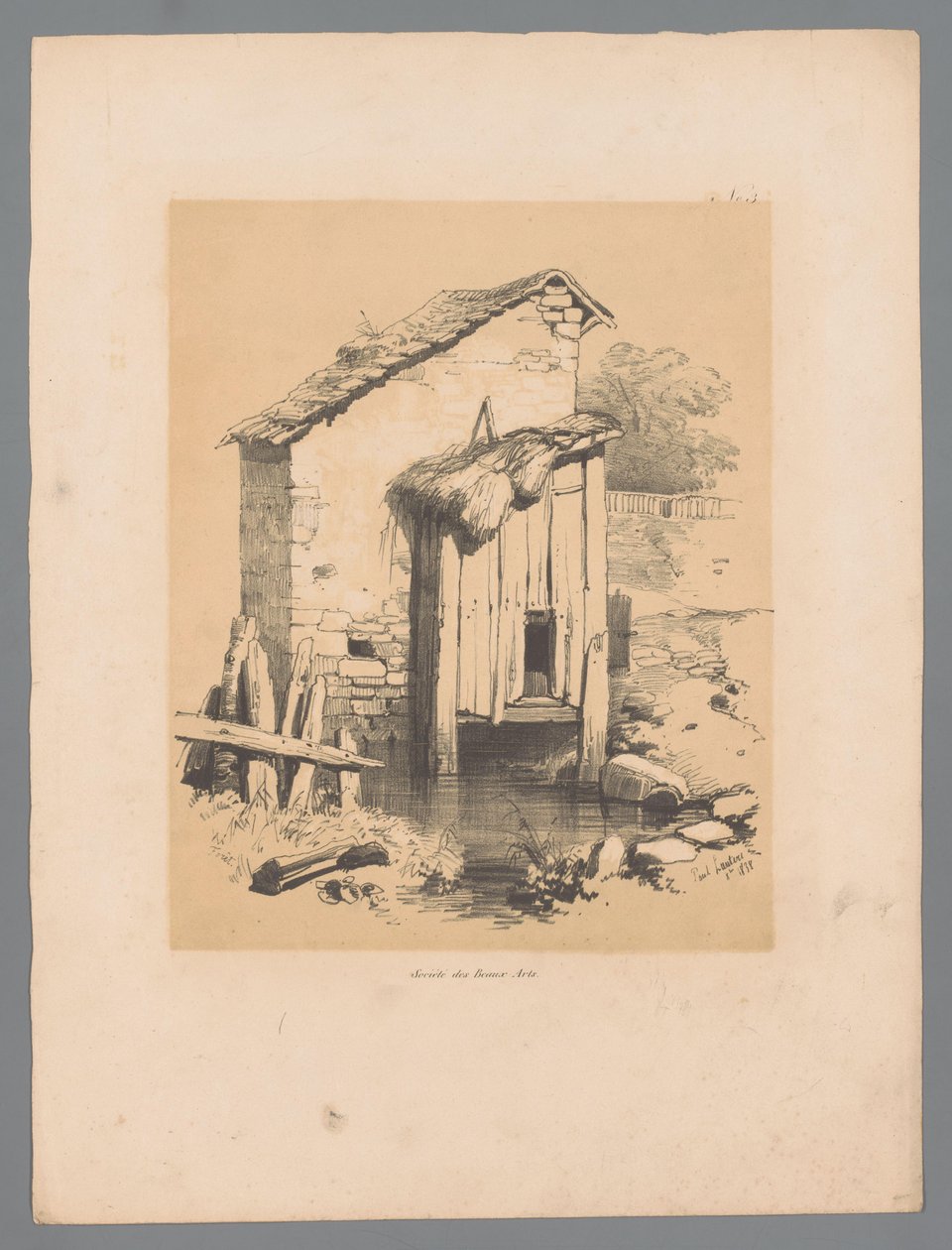 Kilátás egy istállóra a vízen Forêt (cím az objektumon) Paulus Lauters festői arcai (sorozat címe) Etrennes pittoresques pour 1839, Lauters (sorozat címe) alkotó: Paulus Lauters