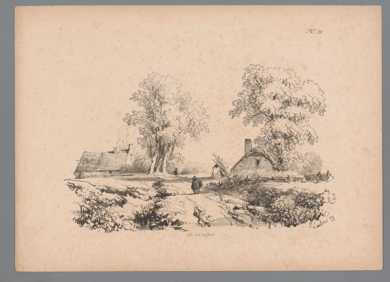Táj két házzal és két figurával az úton Paulus Lauters tájtanulmányai (sorozat címe) Nouvelle suite de 40 etudes de paysages P. Lauters (sorozat címe) alkotó: Paulus Lauters