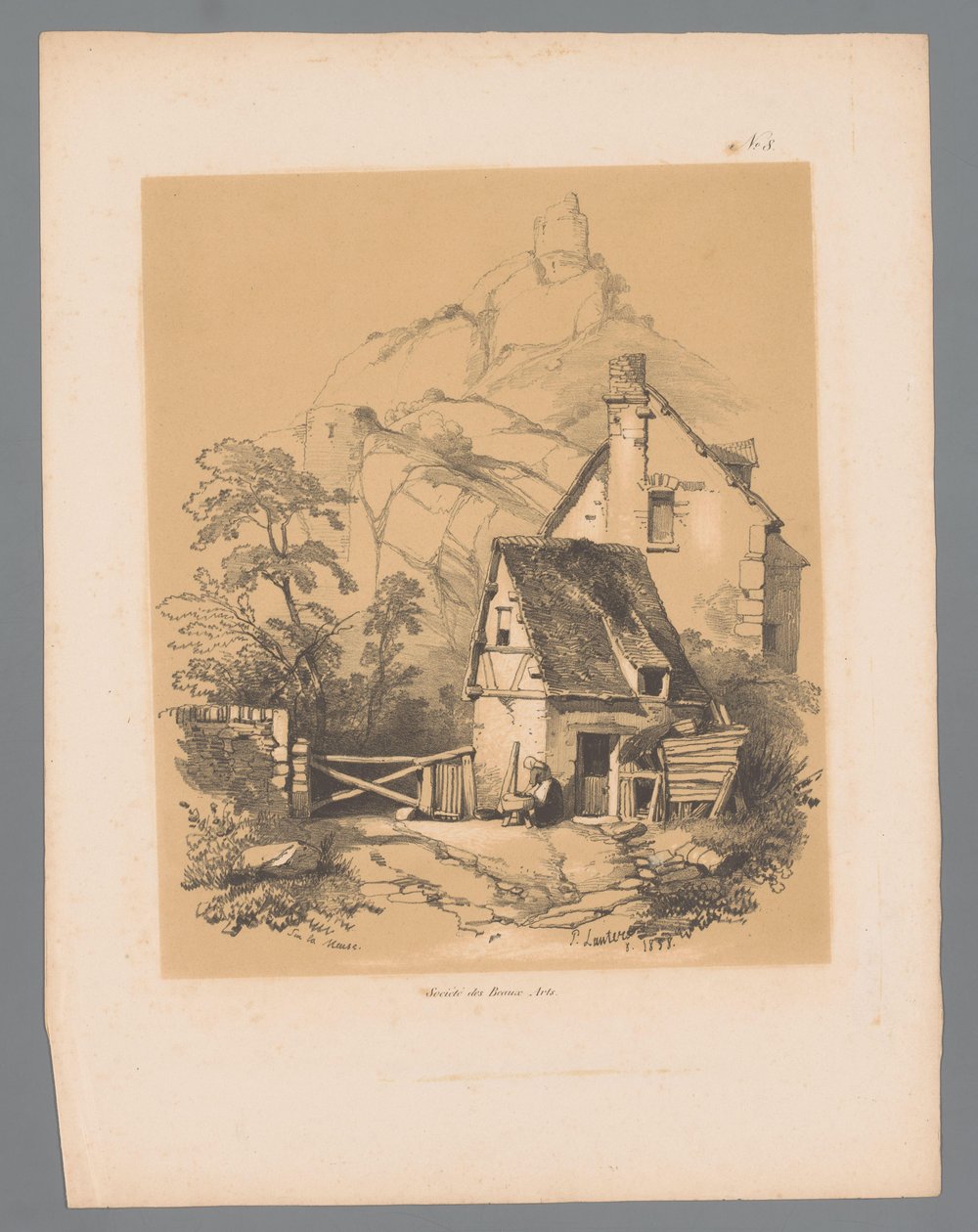 Meuse táj egy házzal a hegy lábánál, tetején romokkal Sur la Meuse (cím a tárgyon) Paulus Lauters festői arcai (sorozat címe) Etrennes pittoresques pour 1839, Lauters (sorozat címe) alkotó: Paulus Lauters
