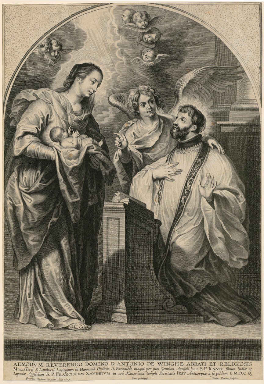 A Madonna a gyermekkel megjelenik a térdelő Xavéri Szent Ferencnek alkotó: Paulus Pontius
