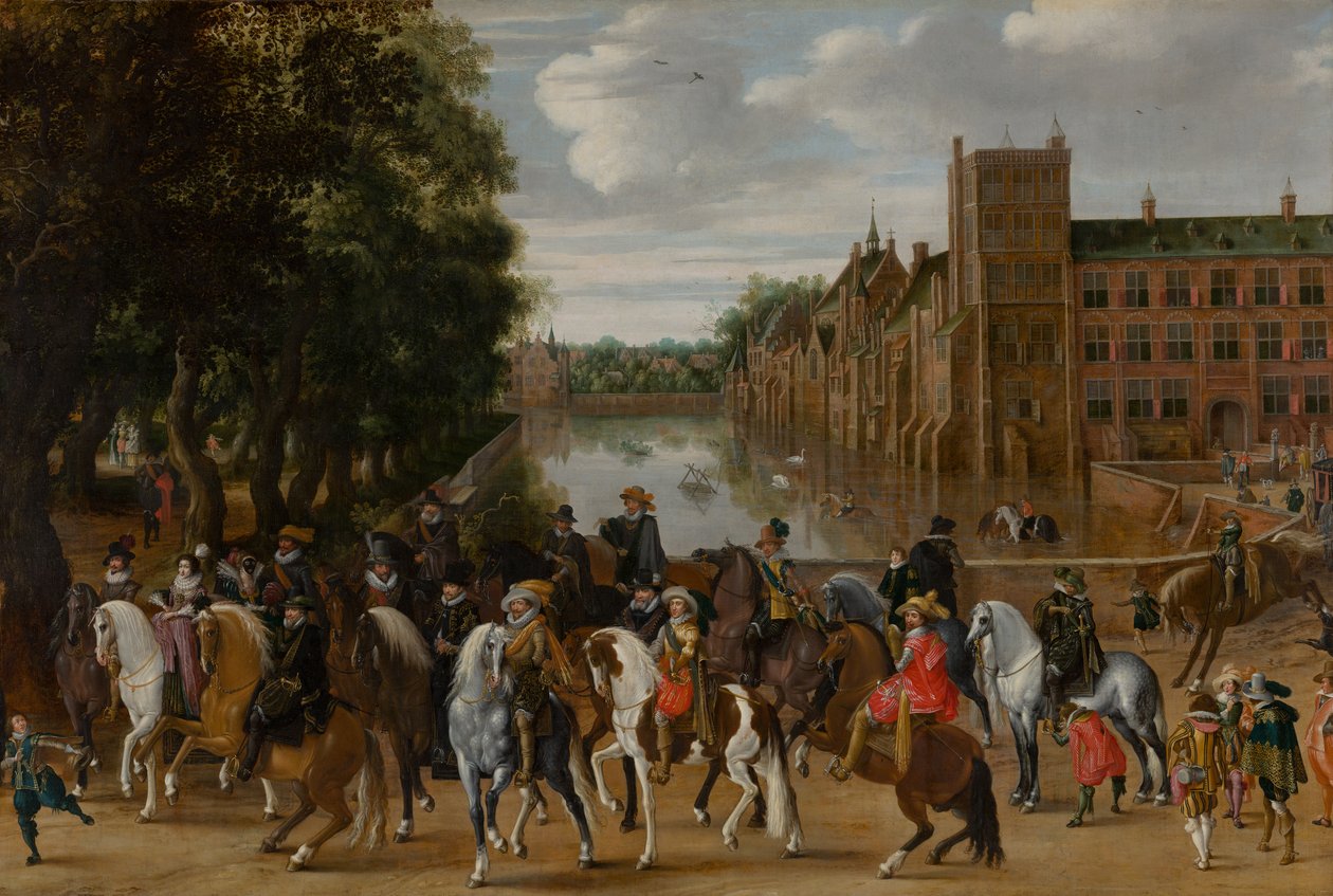 Orange hercegei és családjaik lóháton, Kilovaglás a Buitenhofból, Hága, c. 1621-22 alkotó: Pauwels I van Hillegaert