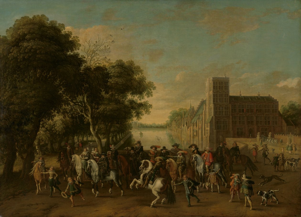 Maurits herceg, Frederik Hendrik herceg, V. Frigyes cseh és felesége, Stuart Erzsébet és mások társaságában a hágai Buitenhofban alkotó: Pauwels van Hillegaert