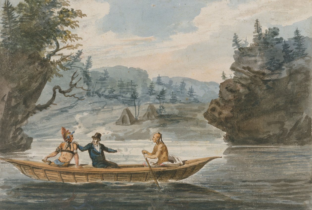 Két indián és egy fehér ember kenuban, 1811-13 alkotó: Pavel Petrovich Svinin