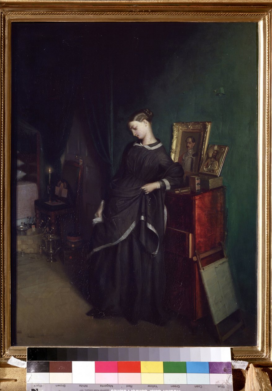 ""A fiatal özvegy"" Mögötte elhunyt férjének portréja. Pavel Andrejevics Fedotov (1815-1852) festménye 1850 körüli Állami Tretyakov Galéria, Moszkva alkotó: Pavel Andreevich Fedotov
