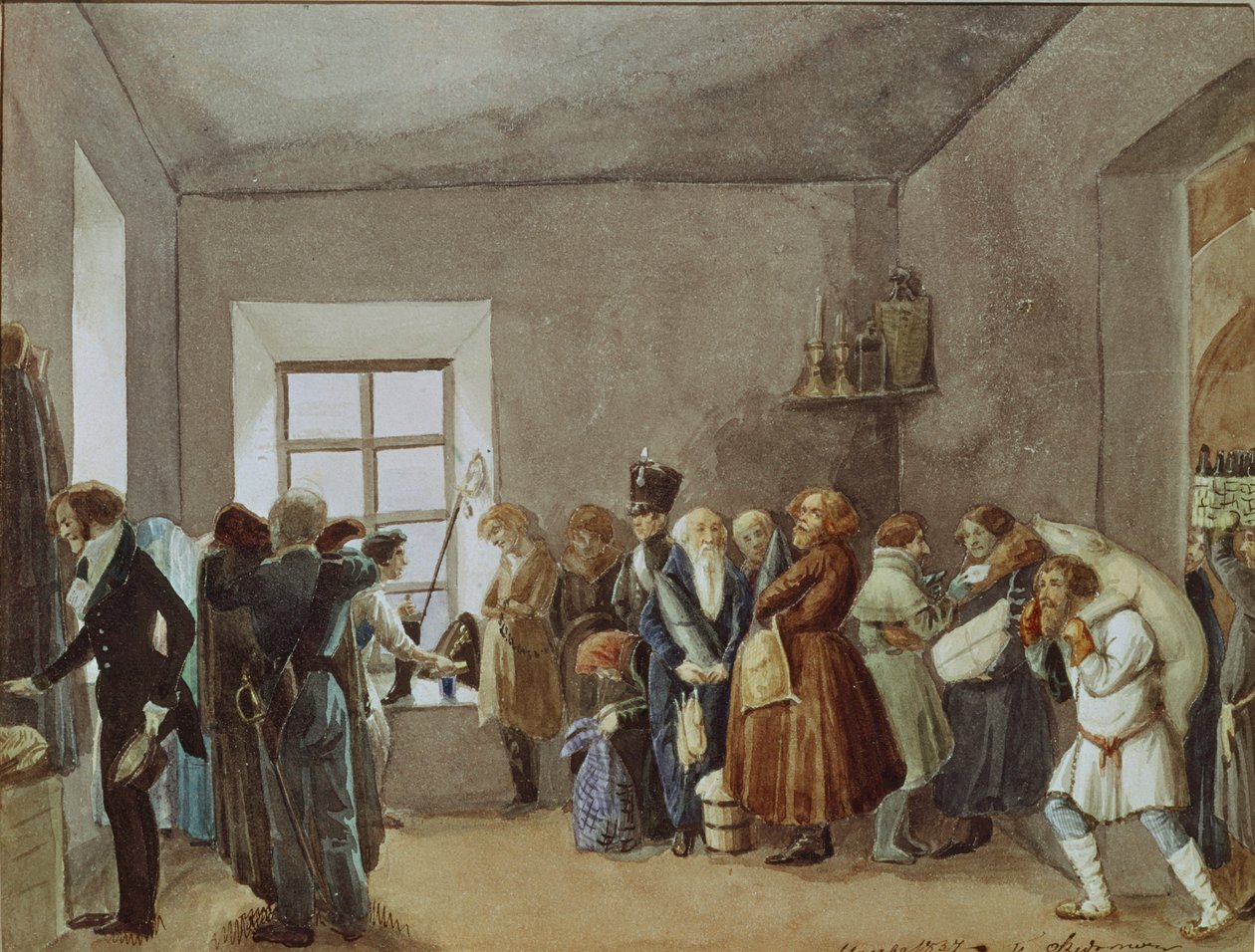 Rendőrkapitányok fogadószobája ünnep előtti éjszakán, 1837 alkotó: Pavel Andreevich Fedotov