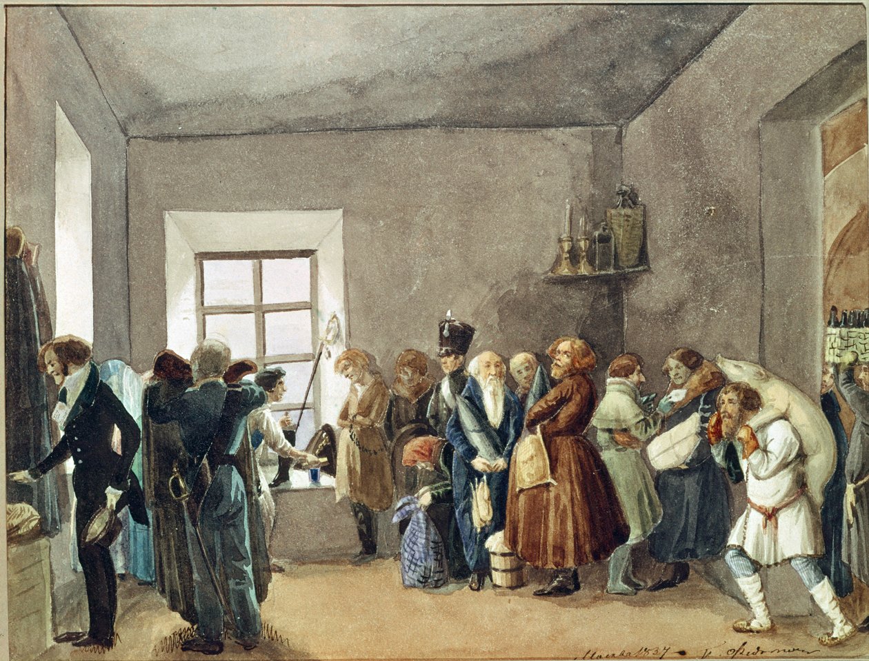 Ünnep előtti éjszaka rendőrbiztos fogadószobája. Pavel Andrejevics Fedotov (1815-1852) munkája, akvarell, tus és ceruza papíron alkotó: Pavel Andreevich Fedotov