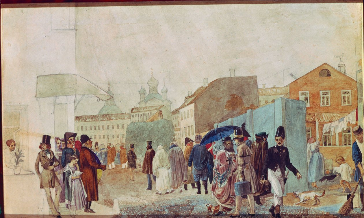 Utcai jelenet az esőben Moszkvában. Pavel Andrejevics Fedotov (1815-1852) munkája, akvarell papíron alkotó: Pavel Andreevich Fedotov