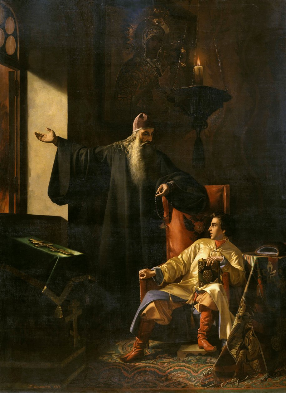 Rettegett Iván és Silvester pap a moszkvai tűzvész idején 1547-ben, 1856-ban. alkotó: Pavel Fyodorovich Pleshanov