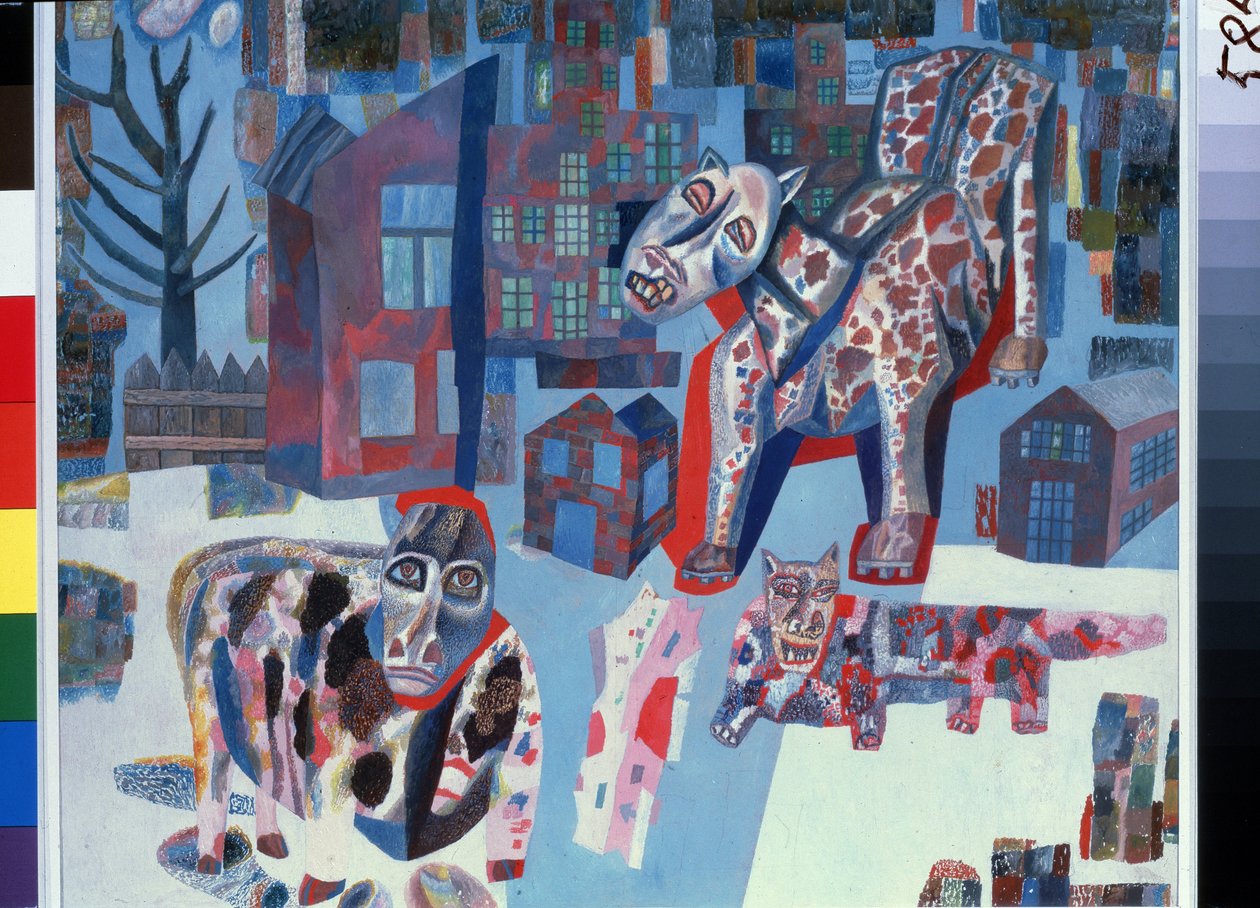 Állatok (Animals). Óriási szörnyek megszállják a város utcáit. Pavel Nyikolajevics Filonov (1883-1941) munkája, olaj, papír alkotó: Pawel Nikolajewitsch Filonow