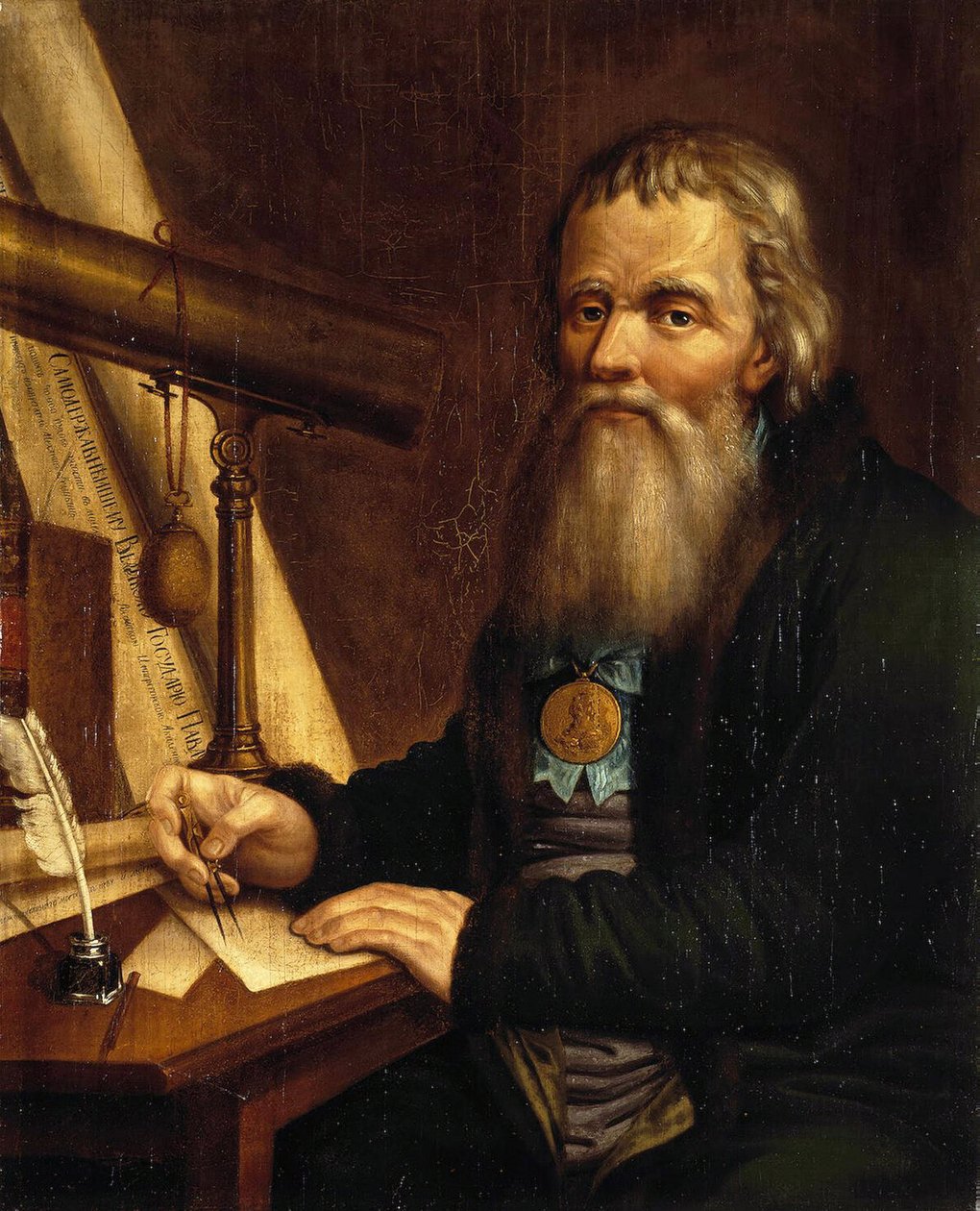 Ivan Petrovics Koulibine (Kulibin) (1735-1818), orosz feltaláló és szerelő portréja iránytűvel (Iván P. Kulibin szerelő és feltaláló portréja). Pavel Petrovics Vedenetsky (1766-1847) festménye alkotó: Pavel Petrovich Vedenetsky