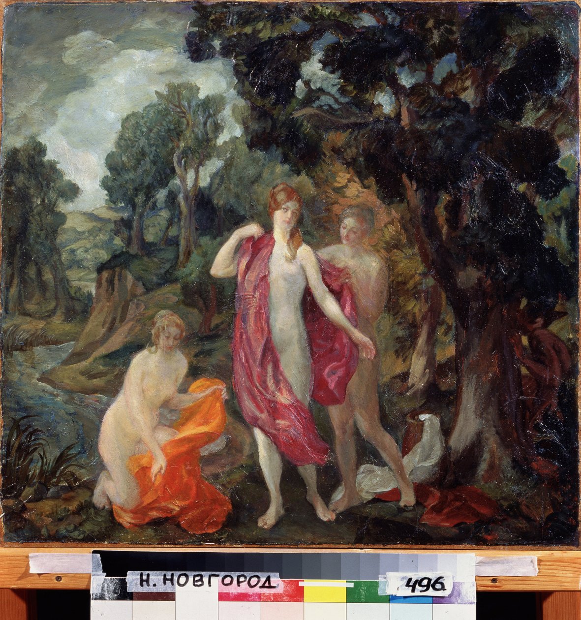 Fürdőzők. Három meztelen nő szárítja magát egy patak közelében. Pavel Szemjonovics Naumov (1884-1942) festménye, olaj, vászon, 1910 körül. 20. századi orosz művészet, szimbolika. Állami Művészeti Múzeum, Nyizsnyij Novgorod (Oroszország) alkotó: Pavel Semenovich Naumov