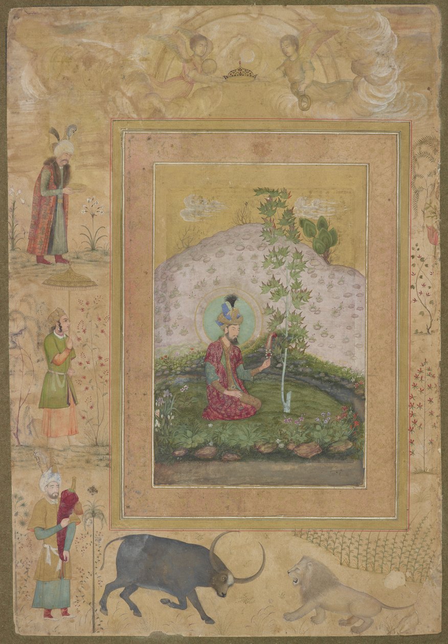 Humayun Seated in a Landscape, a néhai Shah Jahan albumból, különálló albumfólió, 1650 körül alkotó: Payag