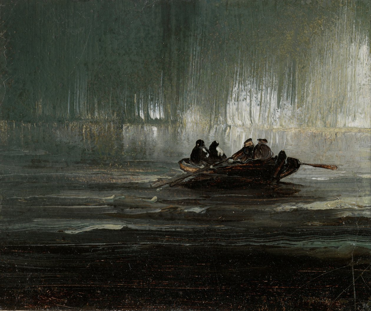 Északi fények négy férfi felett egy evezős csónakban alkotó: Peder Balke