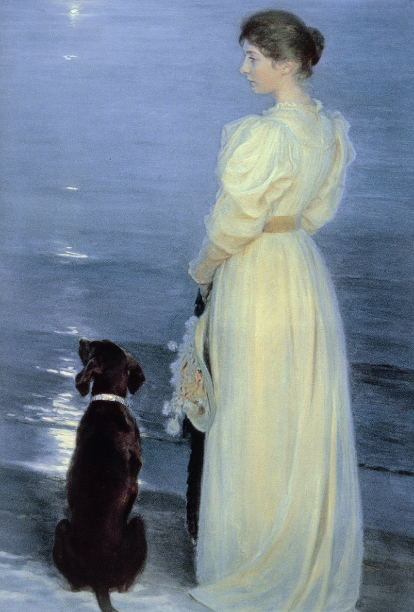 Nyári este Skagenben, a művészfeleség kutyával a tengerparton, 1892 alkotó: Peder Severin Krøyer