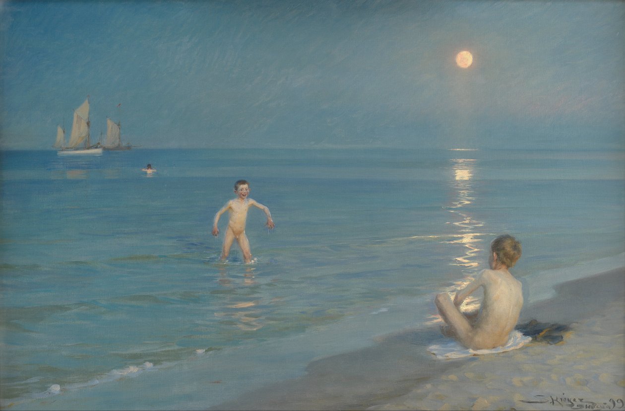 Fiúk fürdés a Skagenben. Nyári este alkotó: Peder Severin Krøyer