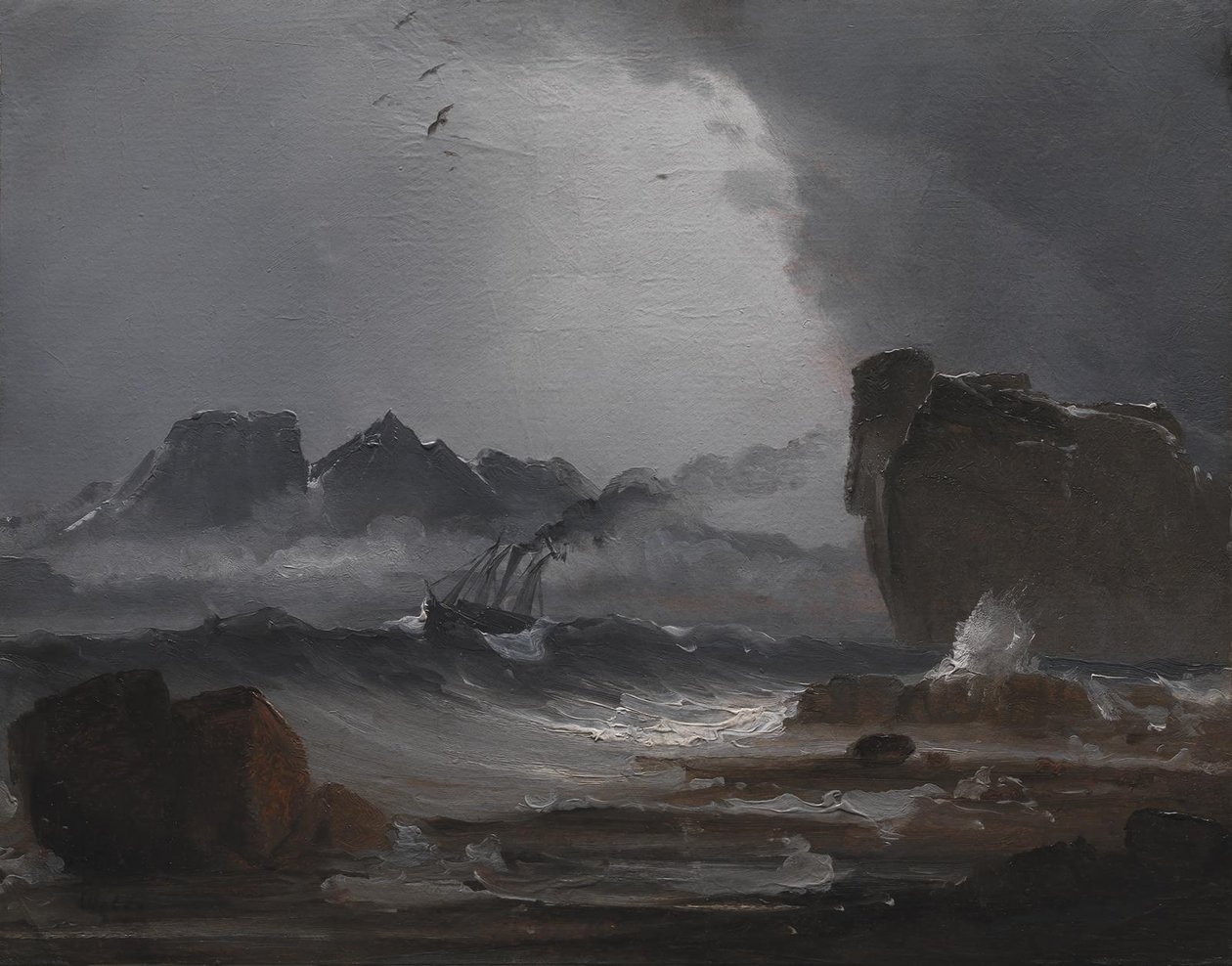 Viharos tenger egy gőzhajóval a norvég partok közelében alkotó: Peder Balke