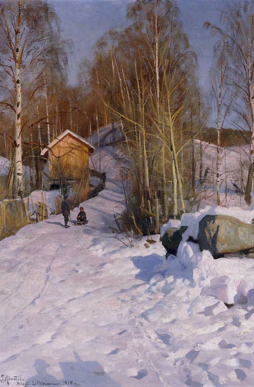 Téli táj szánkózó gyerekekkel alkotó: Peder Monsted