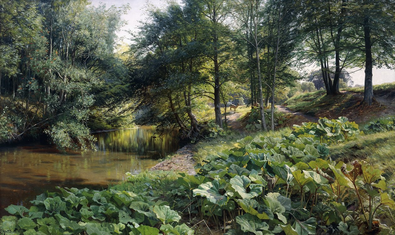 Egy erdős folyó táj szarvasokkal túl alkotó: Peder Monsted