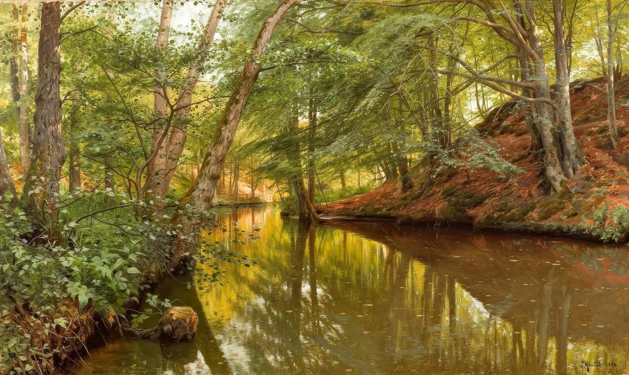 P.Mönsted, tavaszi nap az erdei pataknál alkotó: Peder Monsted