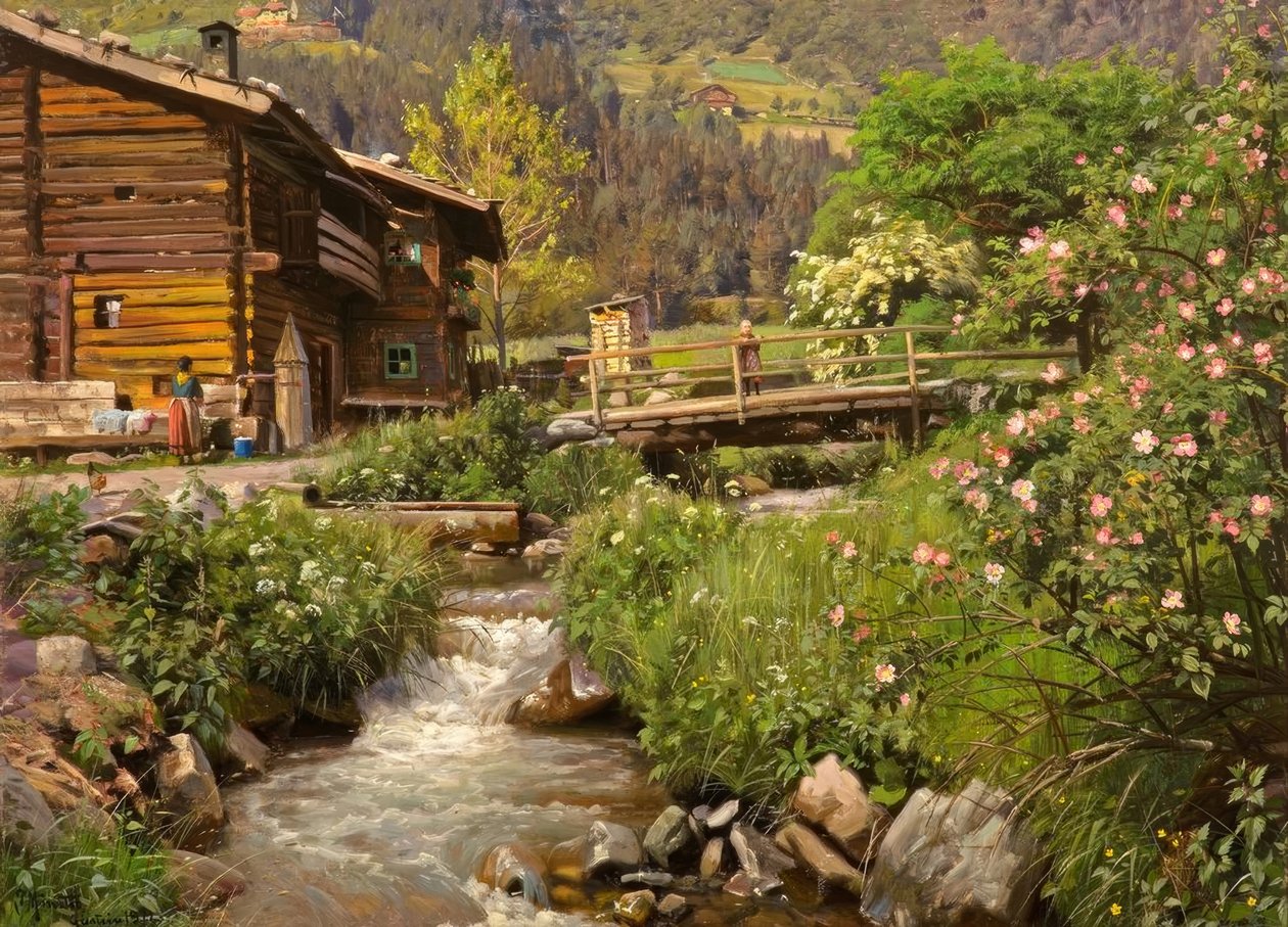 P.Mönsted, hegyi kunyhó a patak mellett alkotó: Peder Monsted