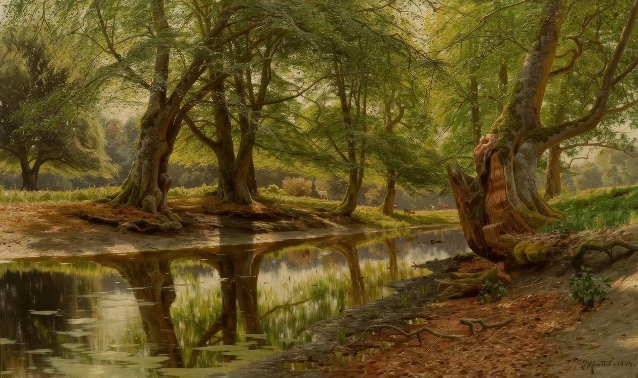 P.Mönsted, tavaszi nap az erdei pataknál alkotó: Peder Monsted