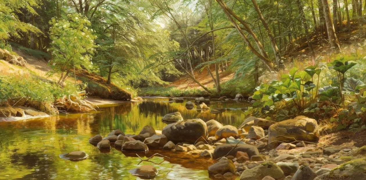 P.Mönsted, Sonniger Waldbach alkotó: Peder Monsted