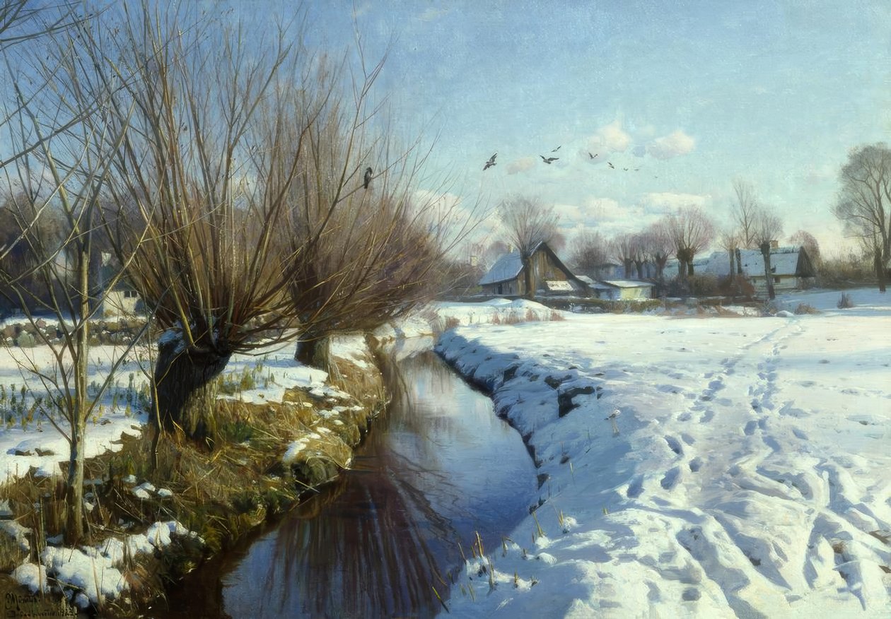 Napsütéses téli nap a patak mellett alkotó: Peder Monsted
