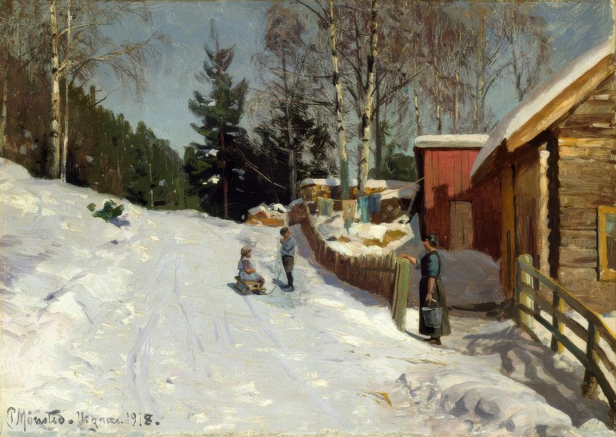 Gyerekek játszanak a havas falusi utcán alkotó: Peder Monsted