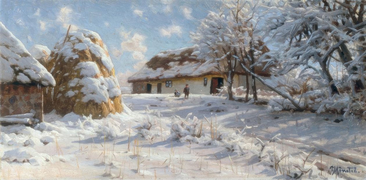 Havas falusi táj szánkózó gyerekekkel alkotó: Peder Monsted