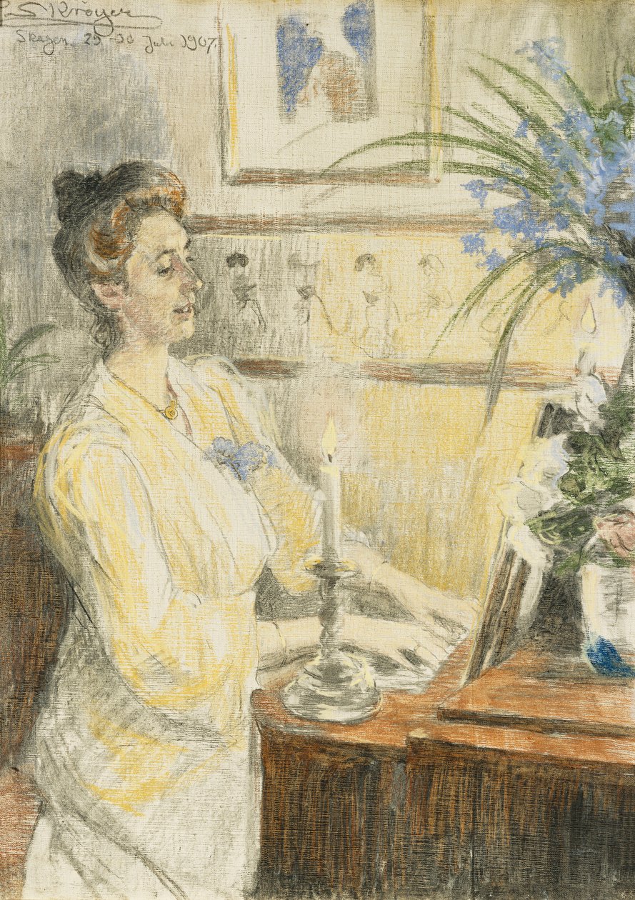 Johanne Helene Louise Brodersen portréja a zongoránál, 1907 alkotó: Peder Severin Krøyer