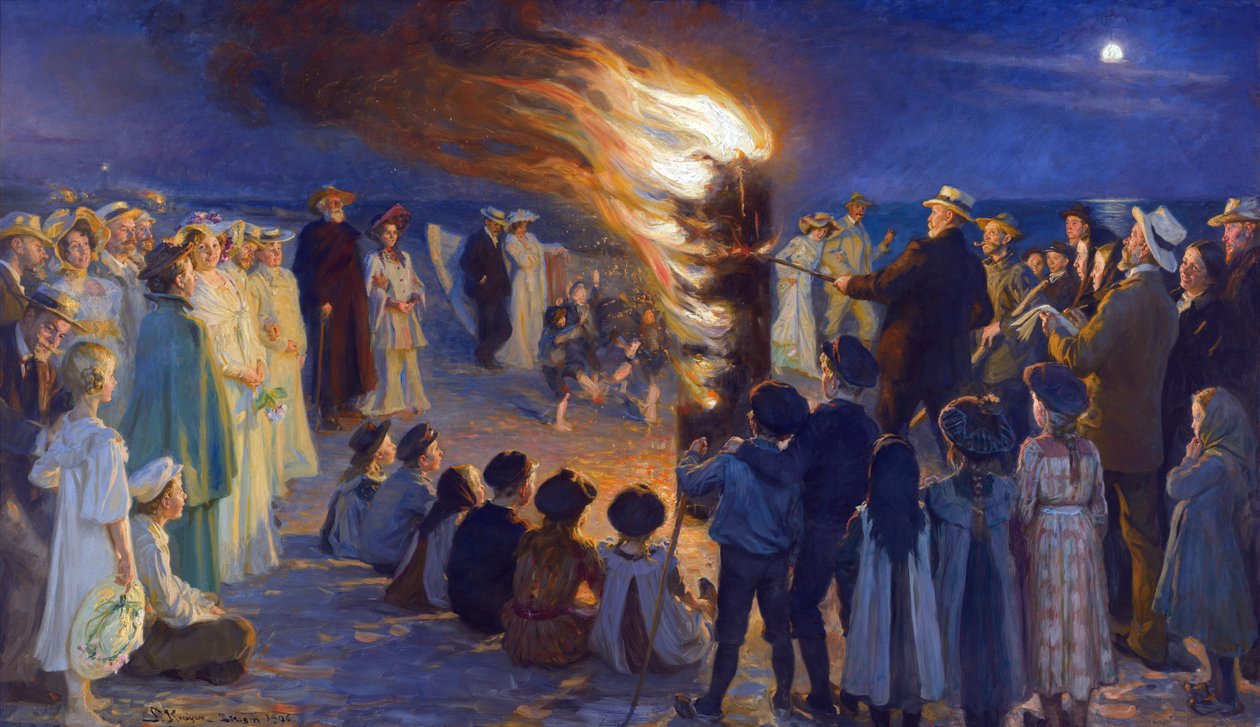 Veillee de Saint Jean sur la plage de Skagen (Dánia) – Szentivánéji máglya a Skageni tengerparton, Kroyer, Peder Severin (1851-1909). Olajfestmény. Mérete: 149,5x257 cm. Skagens Múzeum alkotó: Peder Severin Krøyer
