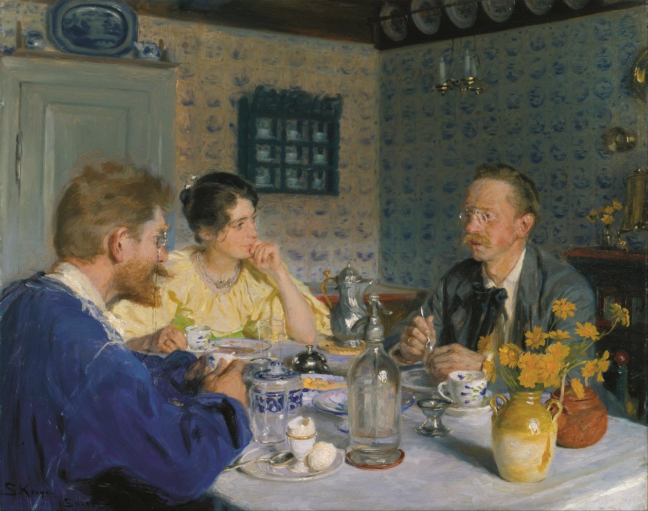 Egy reggeli. A művész, a felesége és Otto Benzon író. alkotó: Peder Severin Krøyer