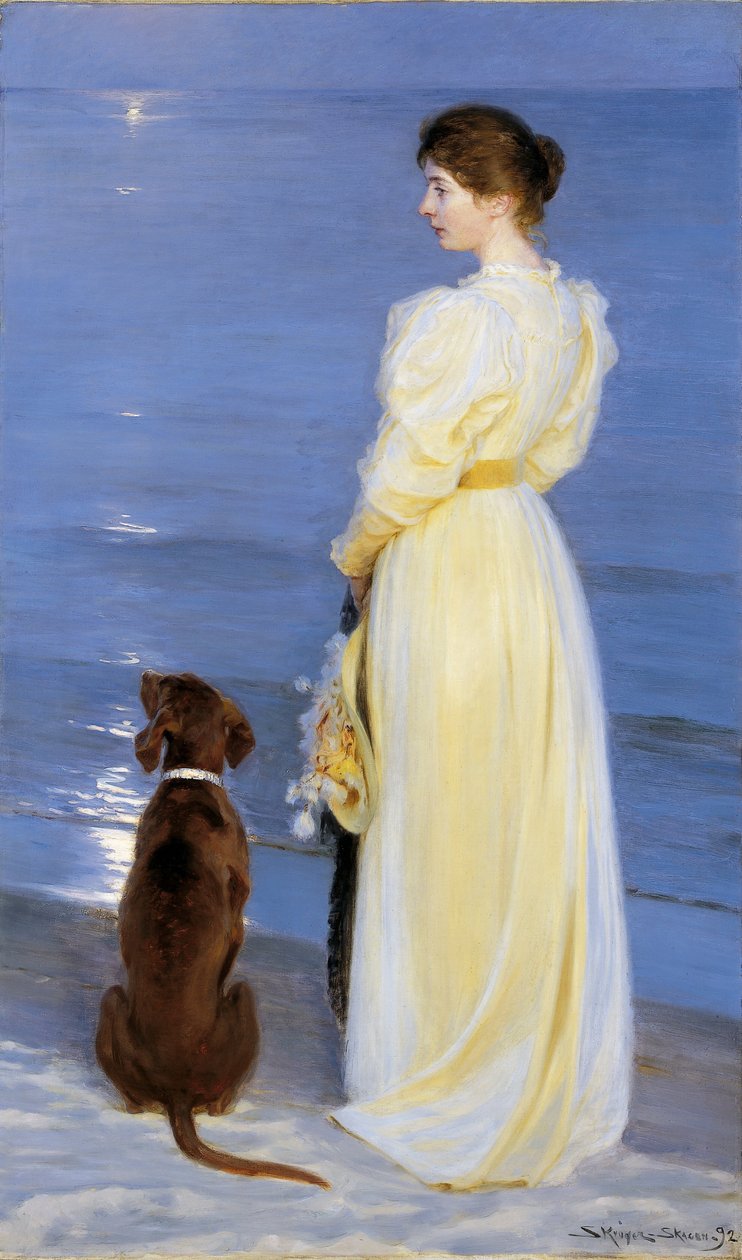 Nyári este Skagenben. A művész felesége kutyával a tengerparton alkotó: Peder Severin Krøyer