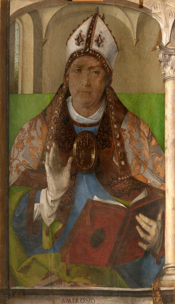 Milánói Ambrus (kb. 340-397) - Szent Ambrus, Milánó érseke Berruguete, Pedro (1450-1503) által. Olaj, fa, méret: 117x65, c. 1473-1475, Galleria Nazionale delle Marche, Urbino alkotó: Pedro Berruguete