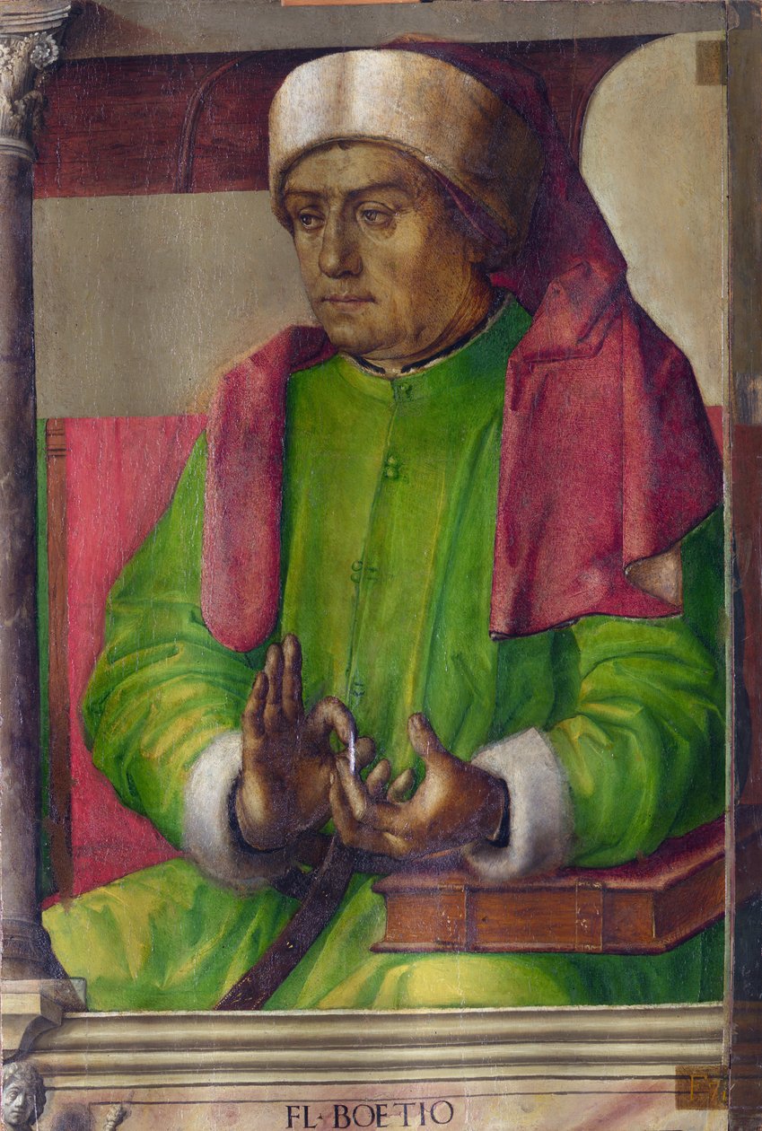 Boece (480-524) - Boethius par Berruguete, Pedro (1450-1503). Olaj, fa, méret: 97x63, c. 1473-1475, Marche Nemzeti Galériája, Urbino alkotó: Pedro Berruguete