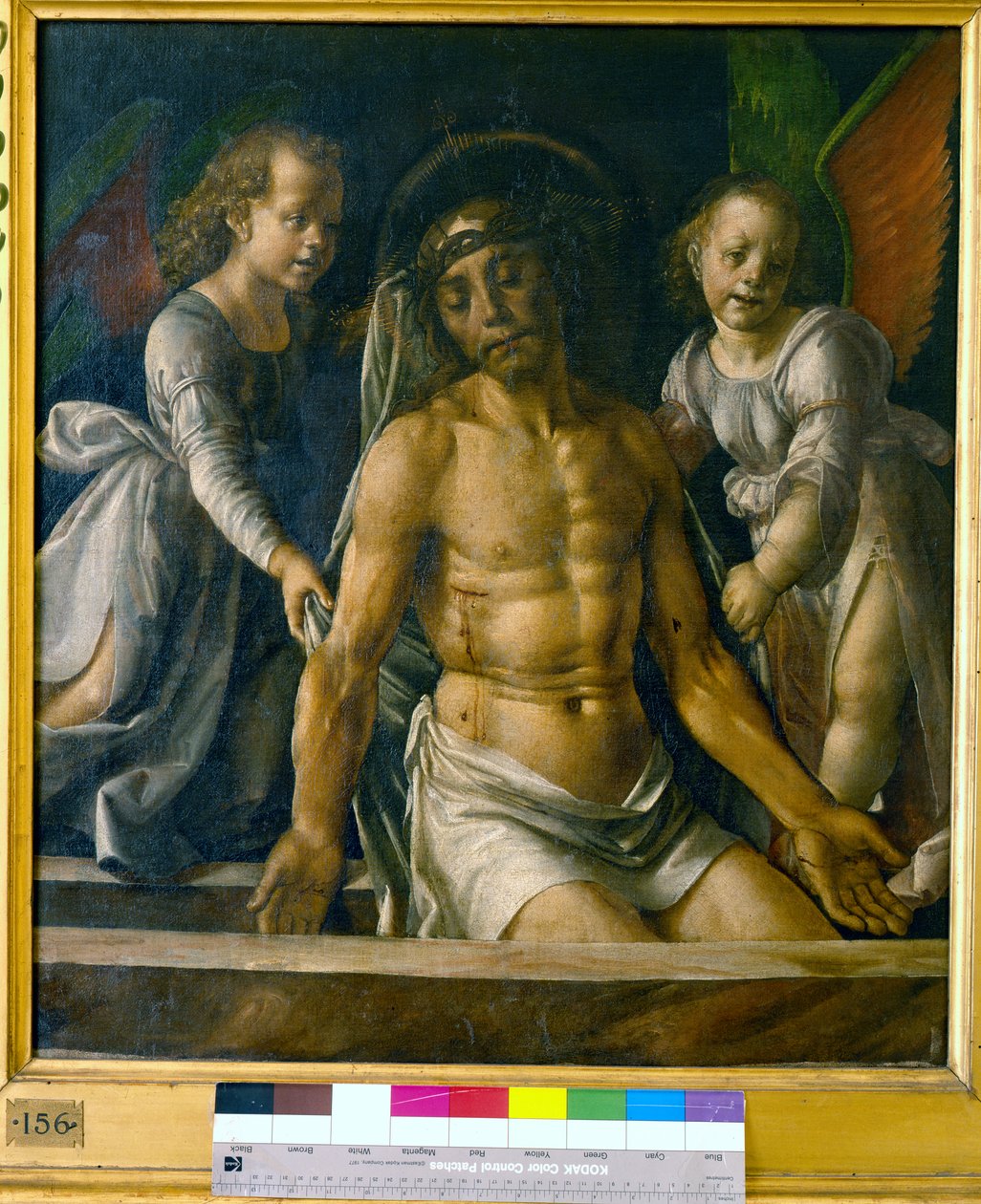 Krisztus a sírban két angyal között, 1480 körül alkotó: Pedro Berruguete