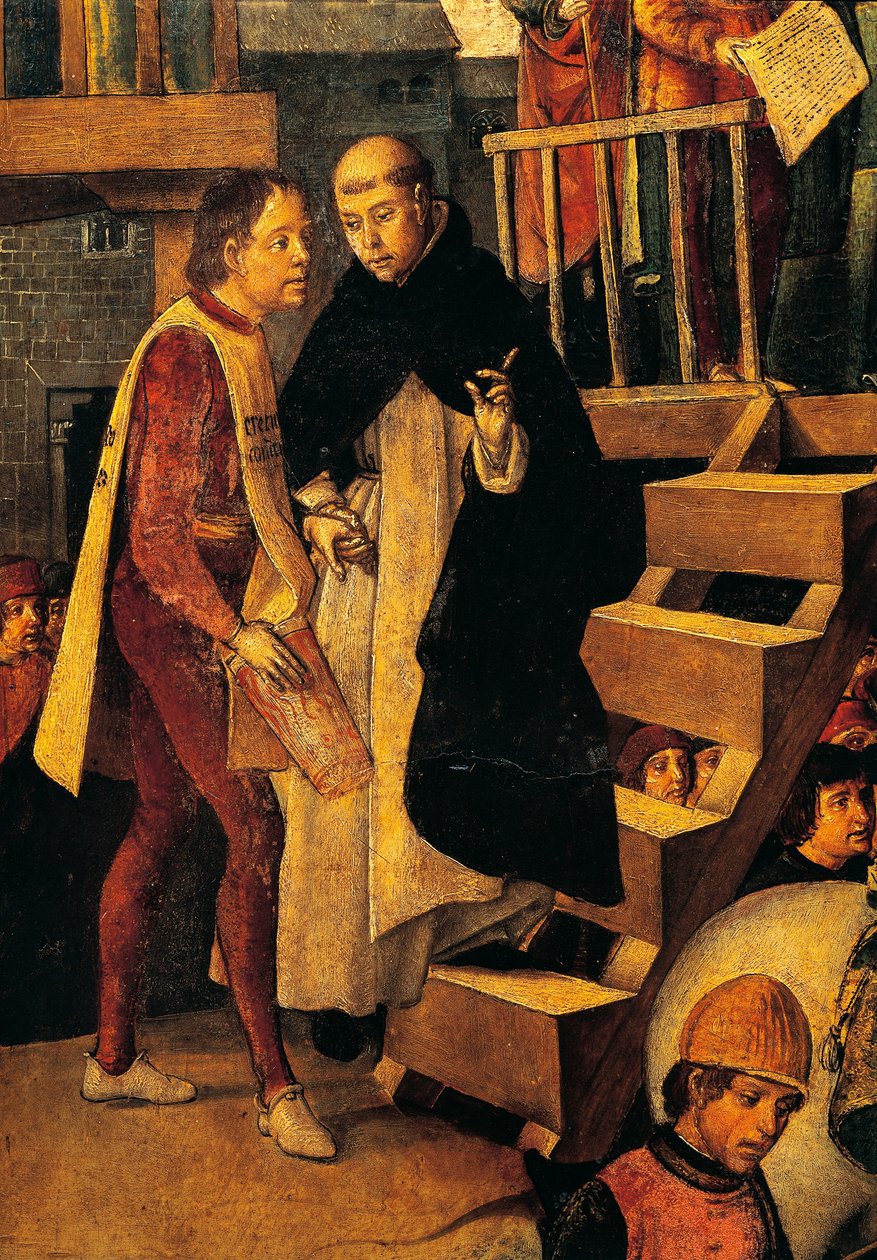 Az elítélt férfi az inkvizíciós bírósághoz fordul, a San Domenico Guzman vezette Autodafe részlete, Pedro Berruguete (körülbelül 1450-1504 körül) alkotó: Pedro Berruguete